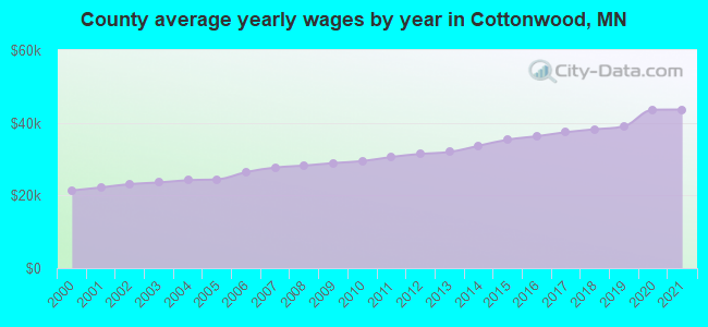 County average yearly wages by year in Cottonwood, MN