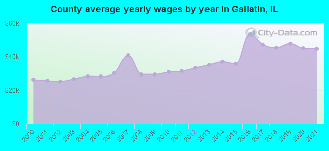 County average yearly wages by year in Gallatin, IL