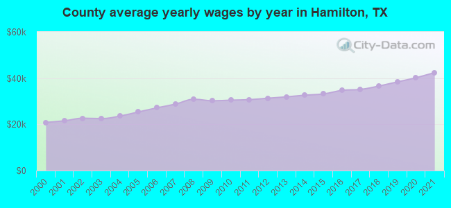 County average yearly wages by year in Hamilton, TX