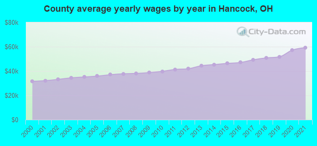 County average yearly wages by year in Hancock, OH