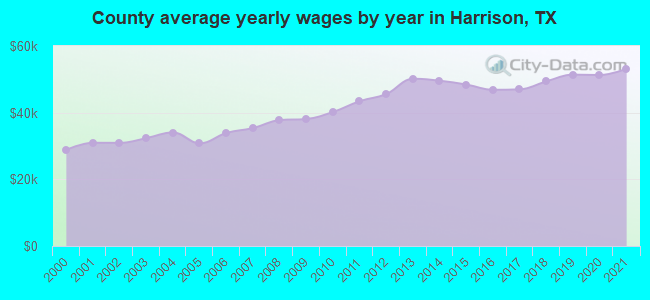 County average yearly wages by year in Harrison, TX