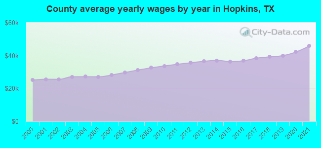 County average yearly wages by year in Hopkins, TX