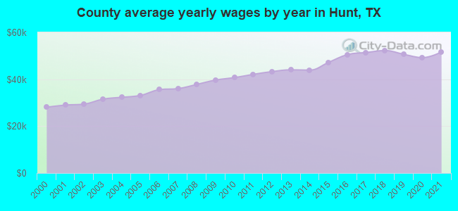 County average yearly wages by year in Hunt, TX