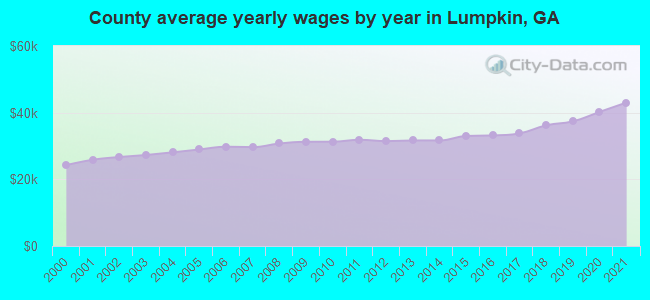County average yearly wages by year in Lumpkin, GA