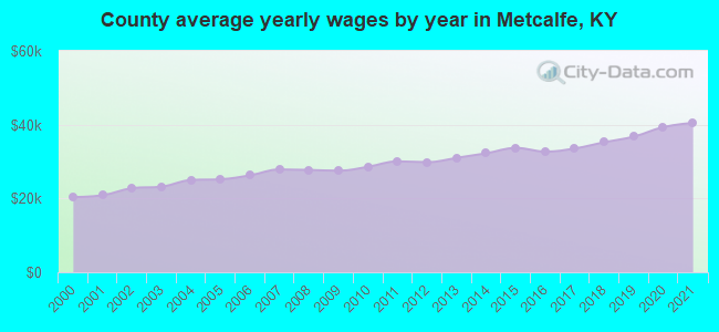 County average yearly wages by year in Metcalfe, KY