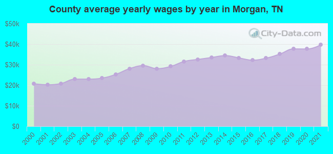 County average yearly wages by year in Morgan, TN