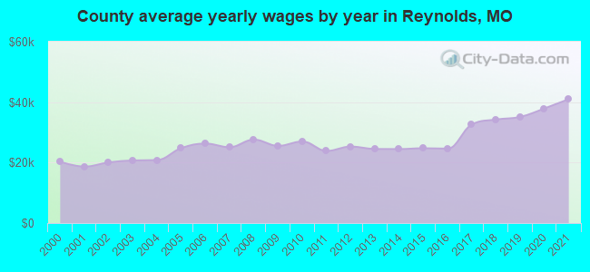 County average yearly wages by year in Reynolds, MO
