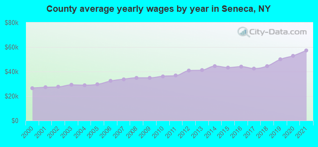 County average yearly wages by year in Seneca, NY