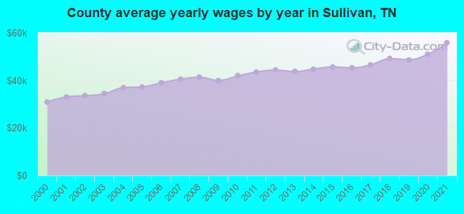 County average yearly wages by year in Sullivan, TN