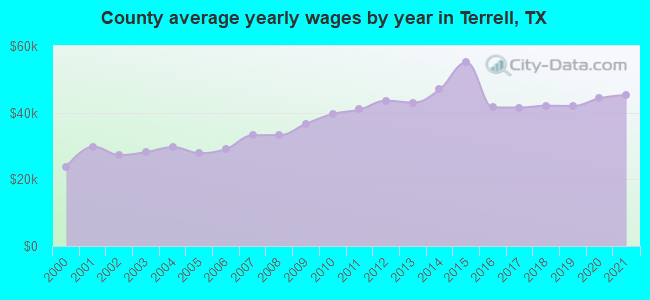County average yearly wages by year in Terrell, TX