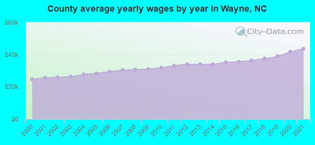 County average yearly wages by year in Wayne, NC