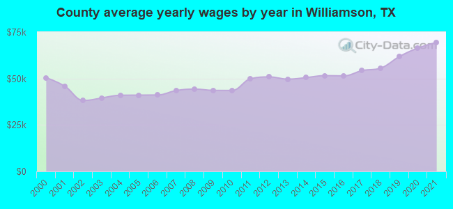 County average yearly wages by year in Williamson, TX