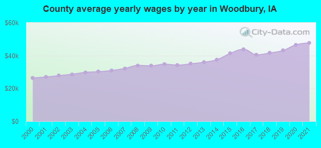 County average yearly wages by year in Woodbury, IA