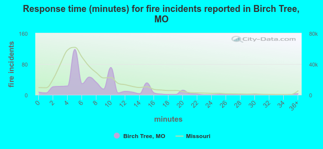 Response time (minutes) for fire incidents reported in Birch Tree, MO