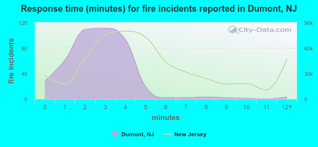 Response time (minutes) for fire incidents reported in Dumont, NJ