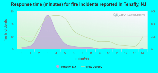 Response time (minutes) for fire incidents reported in Tenafly, NJ