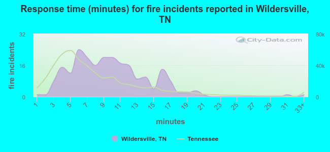 Response time (minutes) for fire incidents reported in Wildersville, TN