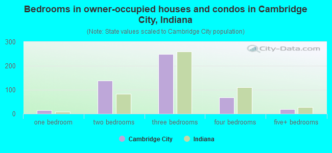 Bedrooms in owner-occupied houses and condos in Cambridge City, Indiana