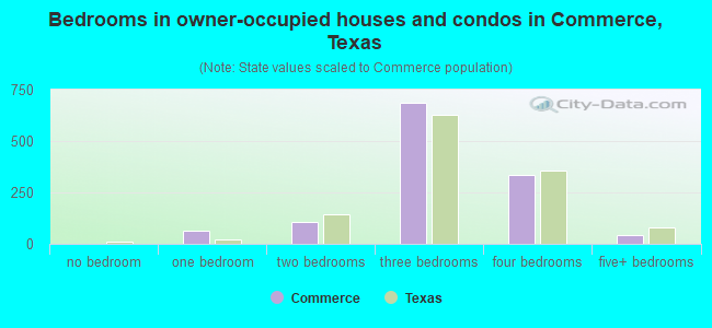 Bedrooms in owner-occupied houses and condos in Commerce, Texas