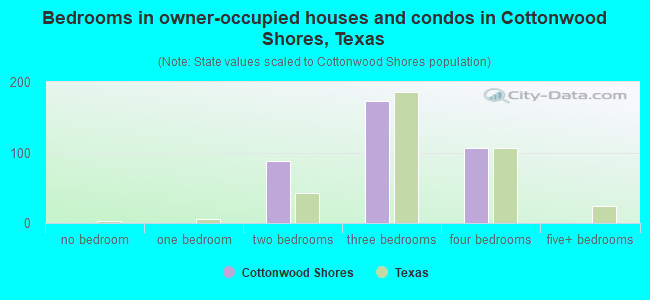 Bedrooms in owner-occupied houses and condos in Cottonwood Shores, Texas