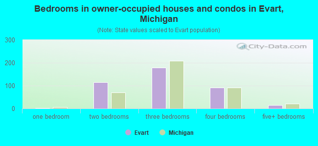 Bedrooms in owner-occupied houses and condos in Evart, Michigan