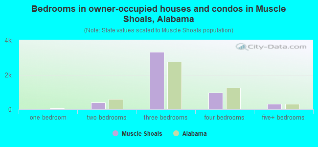 Bedrooms in owner-occupied houses and condos in Muscle Shoals, Alabama
