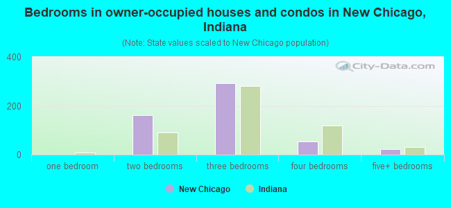 Bedrooms in owner-occupied houses and condos in New Chicago, Indiana