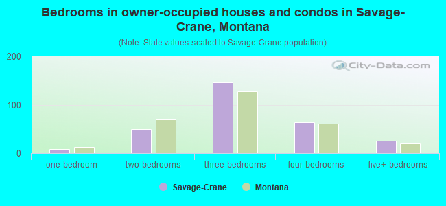 Bedrooms in owner-occupied houses and condos in Savage-Crane, Montana