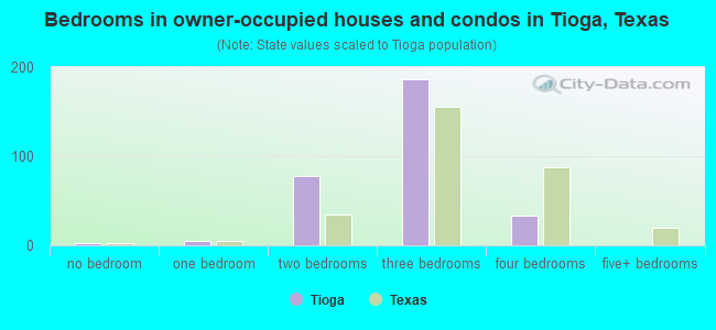 Bedrooms in owner-occupied houses and condos in Tioga, Texas