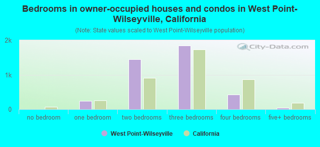 Bedrooms in owner-occupied houses and condos in West Point-Wilseyville, California