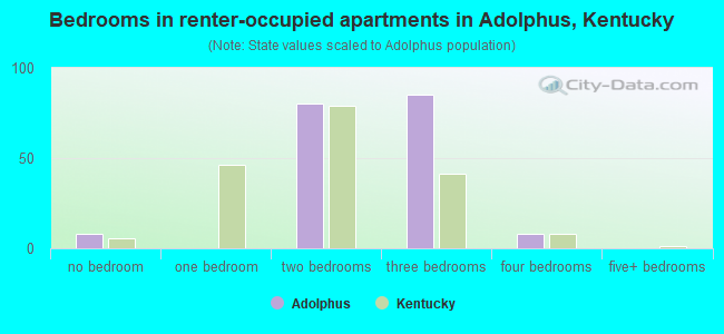 Bedrooms in renter-occupied apartments in Adolphus, Kentucky