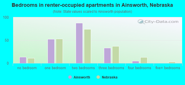 Bedrooms in renter-occupied apartments in Ainsworth, Nebraska