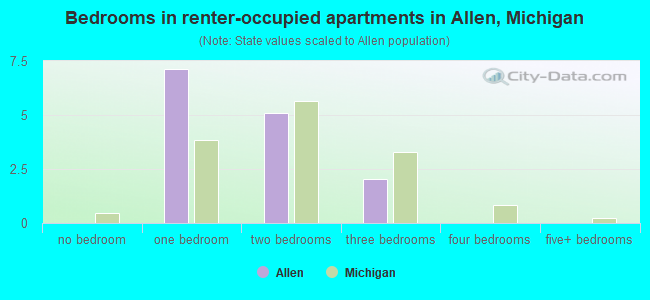 Bedrooms in renter-occupied apartments in Allen, Michigan