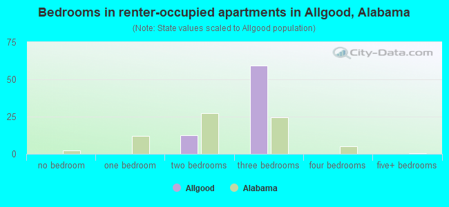 Bedrooms in renter-occupied apartments in Allgood, Alabama