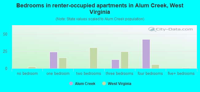 Bedrooms in renter-occupied apartments in Alum Creek, West Virginia