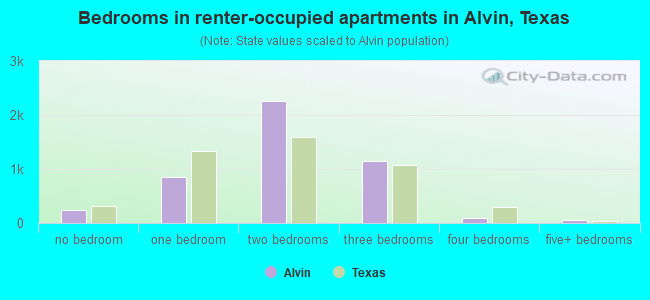 Bedrooms in renter-occupied apartments in Alvin, Texas