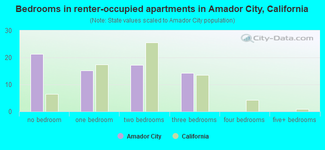 Bedrooms in renter-occupied apartments in Amador City, California