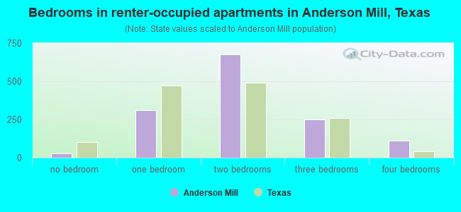 Bedrooms in renter-occupied apartments in Anderson Mill, Texas