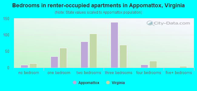 Bedrooms in renter-occupied apartments in Appomattox, Virginia