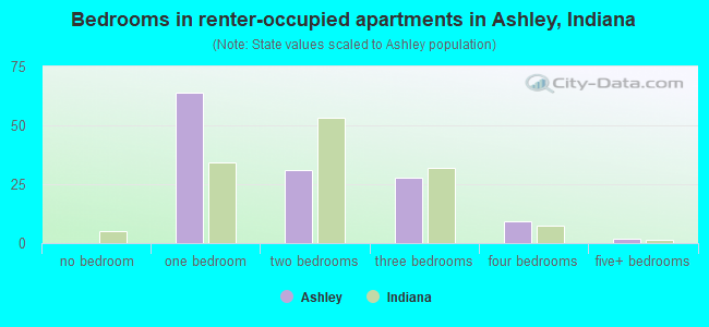 Bedrooms in renter-occupied apartments in Ashley, Indiana