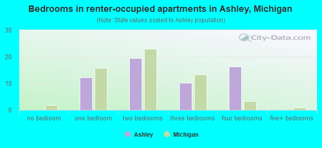 Bedrooms in renter-occupied apartments in Ashley, Michigan