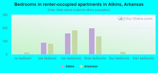 Bedrooms in renter-occupied apartments in Atkins, Arkansas