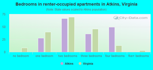 Bedrooms in renter-occupied apartments in Atkins, Virginia
