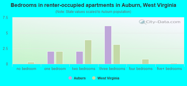 Bedrooms in renter-occupied apartments in Auburn, West Virginia