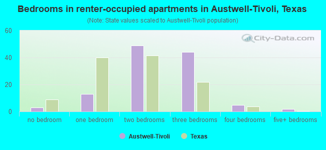 Bedrooms in renter-occupied apartments in Austwell-Tivoli, Texas