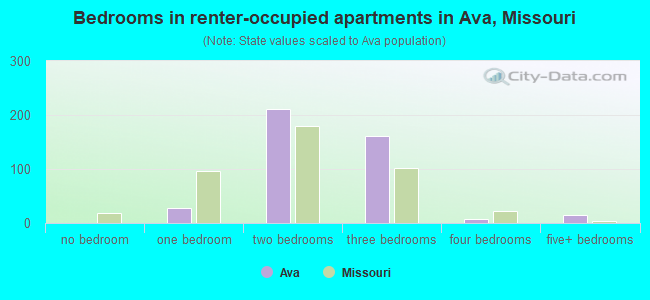 Bedrooms in renter-occupied apartments in Ava, Missouri