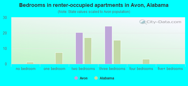Bedrooms in renter-occupied apartments in Avon, Alabama