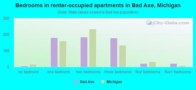 Bedrooms in renter-occupied apartments in Bad Axe, Michigan