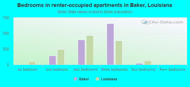Bedrooms in renter-occupied apartments in Baker, Louisiana