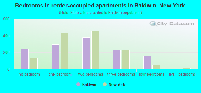 Bedrooms in renter-occupied apartments in Baldwin, New York